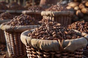 ai generado un montón de cacao frijoles en cestas foto