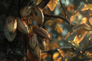 ai generado cacao frijoles en un árbol foto