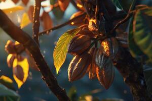 ai generado cacao frijoles en un árbol foto