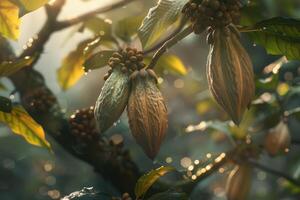 ai generado cacao frijoles en un árbol foto