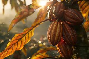 ai generado cacao frijoles en un árbol foto