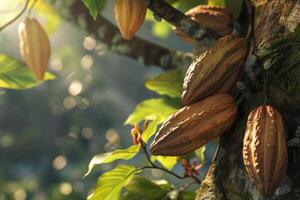 ai generado cacao frijoles en un árbol foto