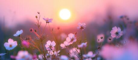 AI generated banner field with wildflowers, beautiful pink sunrise, sunset, blossom, concept spring, summer, natural background photo