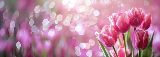 AI generated banner light Pink tulips on pink magic background, with copy space, space for text, background for congratulations photo