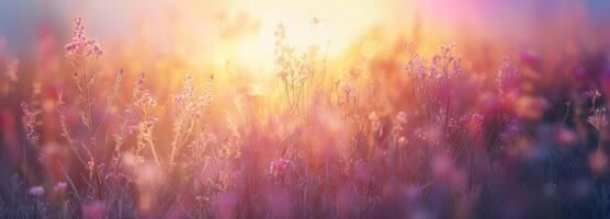 AI generated banner field with wildflowers, beautiful pink sunrise, sunset, blossom, concept spring, summer, natural background photo