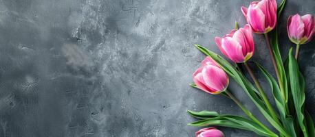 AI generated banner Pink tulips on grey craft background, top view and space for text, background for congratulations photo