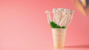 shimeji mushrooms with green moss in green ice cream cone, on peach fuzz background photo