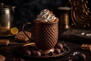 AI generated Hot chocolate with marsmallow candies. Neural network AI generated photo