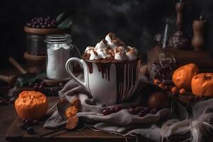 AI generated Hot chocolate with marsmallow candies. Neural network AI generated photo