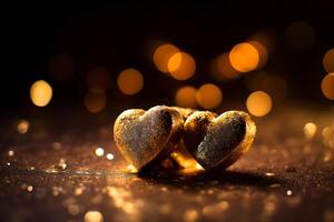 AI generated Gold hearts, glitters and bokeh background. Neural network AI generated photo