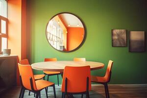 AI generated interior in orange and green khaki colors. Neural network AI generated photo