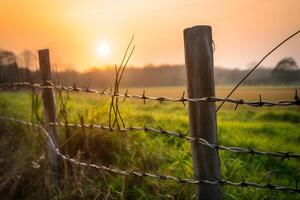 AI generated Barbed wire fence with Twilight sky to feel Silent and lonely and want freedom. Neural network AI generated photo