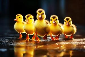 AI generated AI Generated Image. Cute yellow ducklings in a group run on the puddle. Happy Easter concept photo