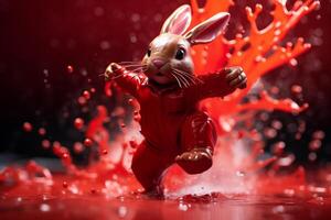 AI generated AI Generated Image. Chocolate Easter Bunny splashing into the red paint photo
