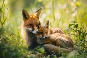 AI generated AI Generated Image. Cute serene fox family. Mothers Day concept photo