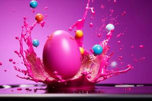 AI generated AI Generated Image. Easter egg splashing into the pink paint photo