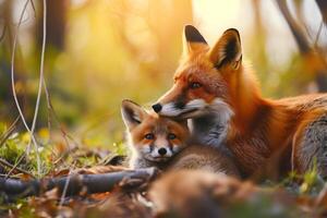 AI generated AI Generated Image. Cute serene fox family. Mothers Day concept photo