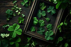 AI generated AI Generated Image. Empty photo frame surrounded by lucky shamrocks on a dark green table. St. Patrick Day concept