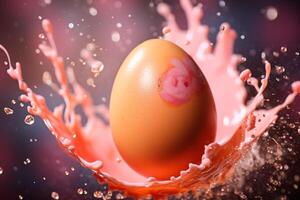 AI generated AI Generated Image. Easter egg splashing into the peach paint photo