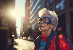 ai generado ai generado imagen. elegante mayor mujer vistiendo un superhéroe disfraz en un ciudad calle foto