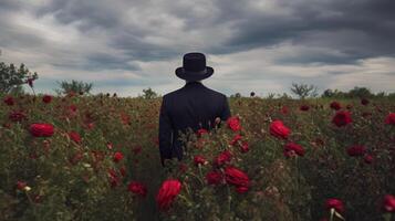 AI generated image. Anonymous man in black suit and hat standing in the flower meadow. Back view photo