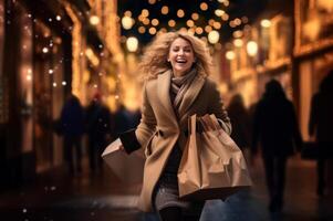 ai generado imagen. alegre rubio hermosa mujer que lleva compras pantalones y corriendo en un Navidad iluminado y decorado ciudad foto
