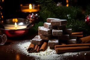 AI generated AI Generated Image. Christmas Chocolate dominoes with powdered sugar cinnamon sticks photo