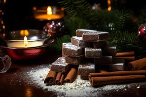 ai generado ai generado imagen. Navidad chocolate dominó con en polvo azúcar canela palos foto