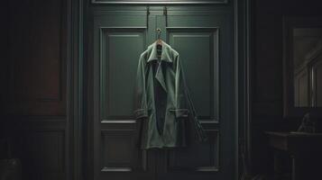 AI generated image. Deep dark green coat hanging on a door in the classic interior photo