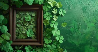 AI generated AI Generated Image. Empty photo frame surrounded by lucky shamrocks on a dark green table. St. Patrick Day concept