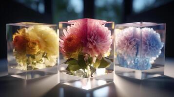 ai generado imagen. cultivo de brillante flores dentro el transparente vaso cubo contenedores en científico laboratorio foto