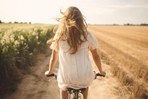 ai generado sostenible viajar. posterior ver de joven mujer montando bicicleta. sostenible turismo y bajo carbón huella. Respetuoso del medio ambiente viaje a promover verde transporte. Respetuoso del medio ambiente transporte. foto