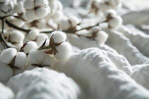 ai generado blanco algodón flores en blanco algodón tela antecedentes para sostenible Moda o orgánico productos Respetuoso del medio ambiente textil. ambientalmente consciente elección. natural algodón tela textil. foto