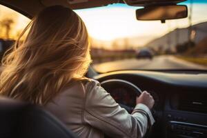AI generated Back view of woman driving car for summer vacation travel. Car driving with safety on highway. Driver hand holding steering wheel for control car. Inside view of car. Woman on road trip. photo