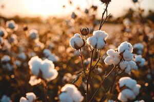 AI generated Cotton farm during harvest season. Field of cotton plants with white bolls. Sustainable and eco-friendly practice on a cotton farm. Organic farming. Raw material for textile industry. photo