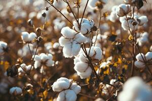 AI generated Cotton farm during harvest season. Field of cotton plants with white bolls. Sustainable and eco-friendly practice on a cotton farm. Organic farming. Raw material for textile industry. photo