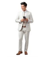 AI generated asian businessman in white suit holding phone png