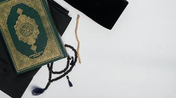 Muslim prayer equipment with Copy Space on white background photo