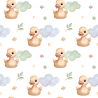 Seamless pattern with duck and clouds. Cute childish wallpaper. Watercolor toys background in pastel colors png