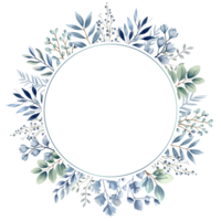 Botanical watercolor frame for wedding invitations, posters and cards. Watercolor plants round template, blue pastel colors. png