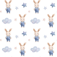 Seamless pattern with bunny, clouds, cute childish wallpaper. Watercolor rabbit background in pastel colors png