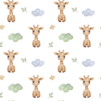 Seamless pattern with giraffe, clouds, cute childish wallpaper. Watercolor giraffe background in pastel colors png