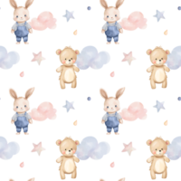 Seamless pattern with teddy bear and bunny. Cute childish wallpaper. Watercolor rabbit background in pastel colors png