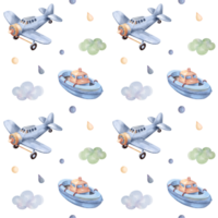Seamless pattern with airplane, boat. Cute childish wallpaper. Watercolor toys background in pastel colors png