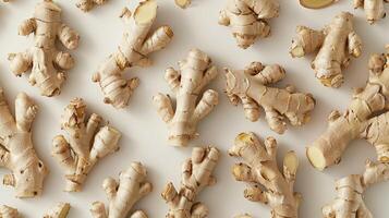 AI generated Fresh ginger root on beige background. Top view. Flat lay. photo