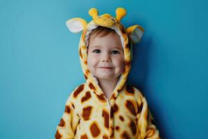 AI generated Cute boy in a giraffe costume on a blue background. photo