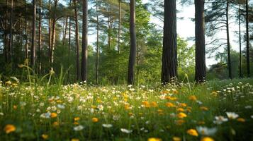 AI generated Panoramic view of summer forest with wildflowers. photo