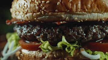 AI generated Closeup of tasty burger with beef patty, tomato and lettuce. photo