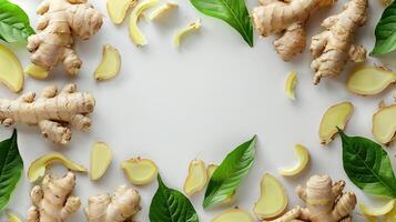 AI generated Fresh ginger with leaves on white background, top view. Space for text. photo