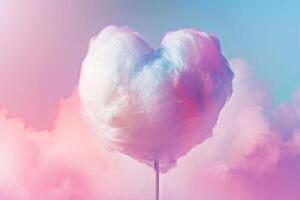 AI generated Cotton candy in the shape of a heart on a pastel gradient background. photo